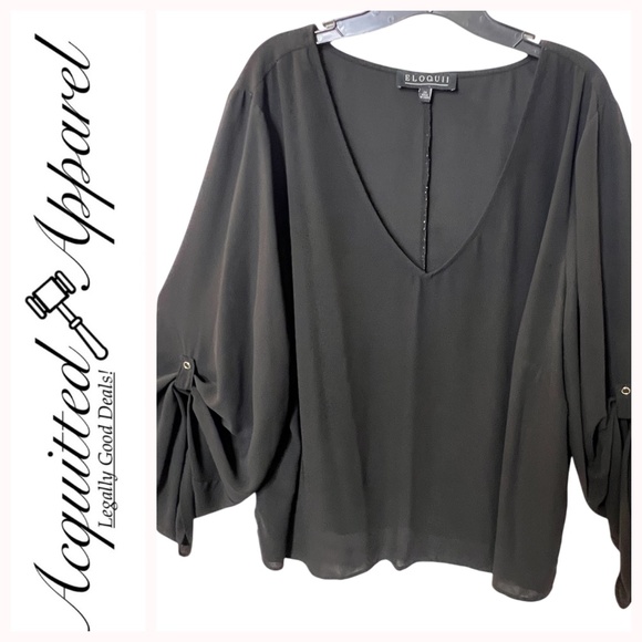 Eloquii Black Sheer Top Pull Up Snap Button Sleeves - Picture 1 of 13